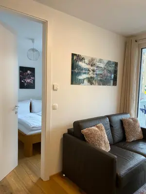 Ein Sitzbereich in der Unterkunft Modern apartment with balcony near city center